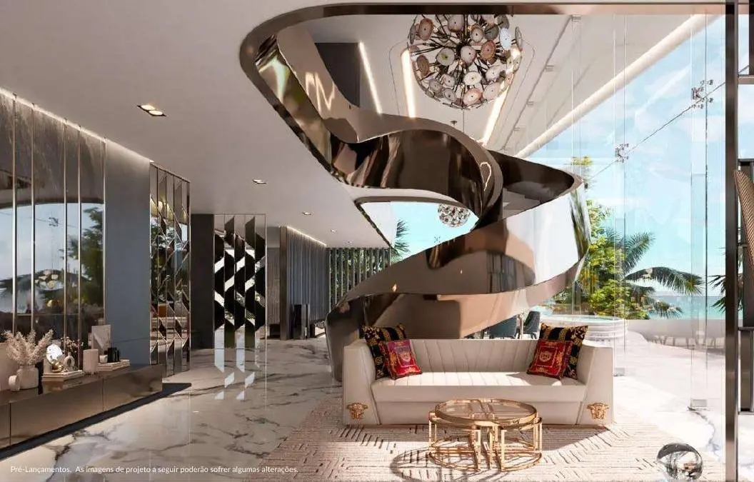 Lobby do Atmosphere Home Spa com escada escultural, Praia Brava, Itajaí